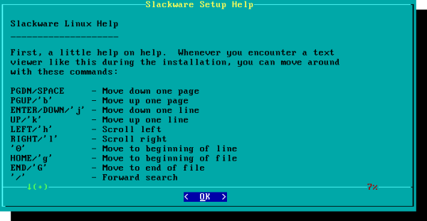  Informações de ajuda para o uso do programa de instalação **setup** do Slackware Linux. 